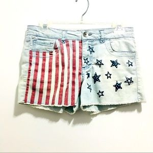 Stars & Stripes Women’s Blue Jean Shorts Patriotic American Flag Denim Jorts